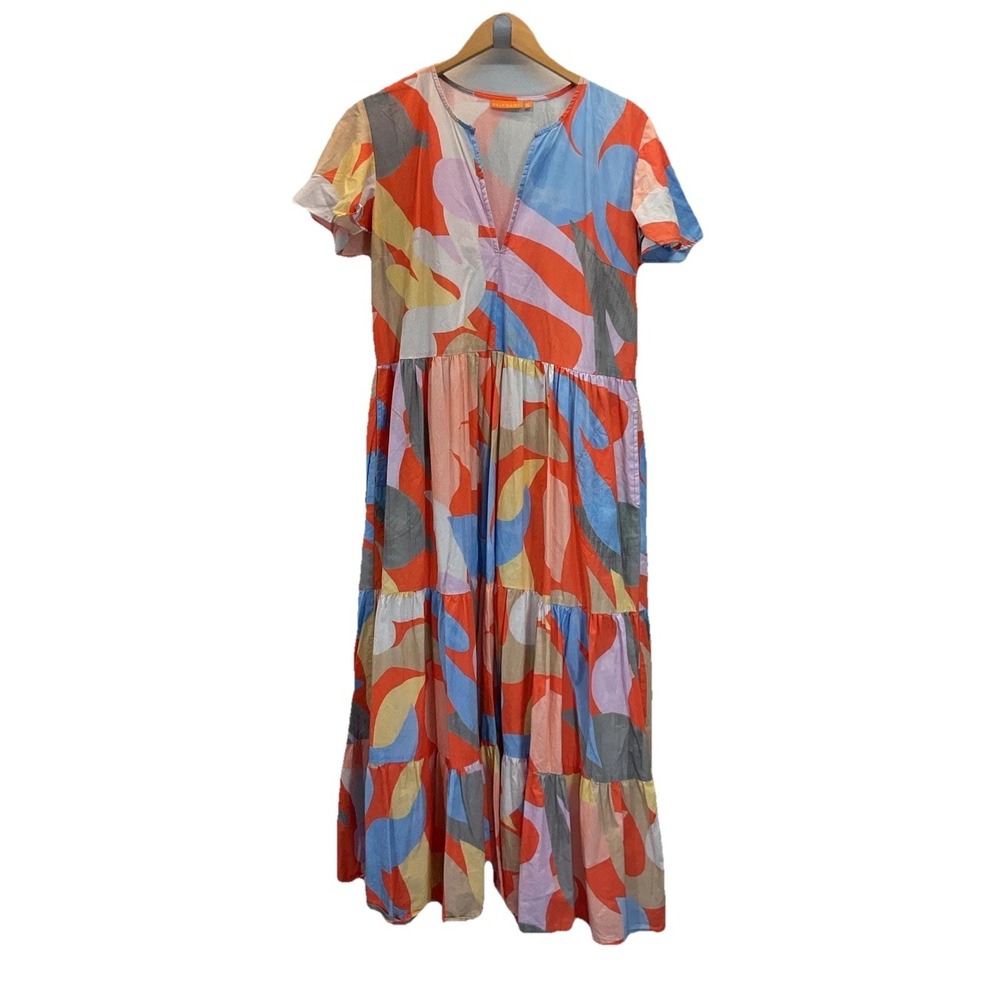 Oliphant colorful Tiered Maxi Dress XL Abstract flutter sleeve Beach cotton